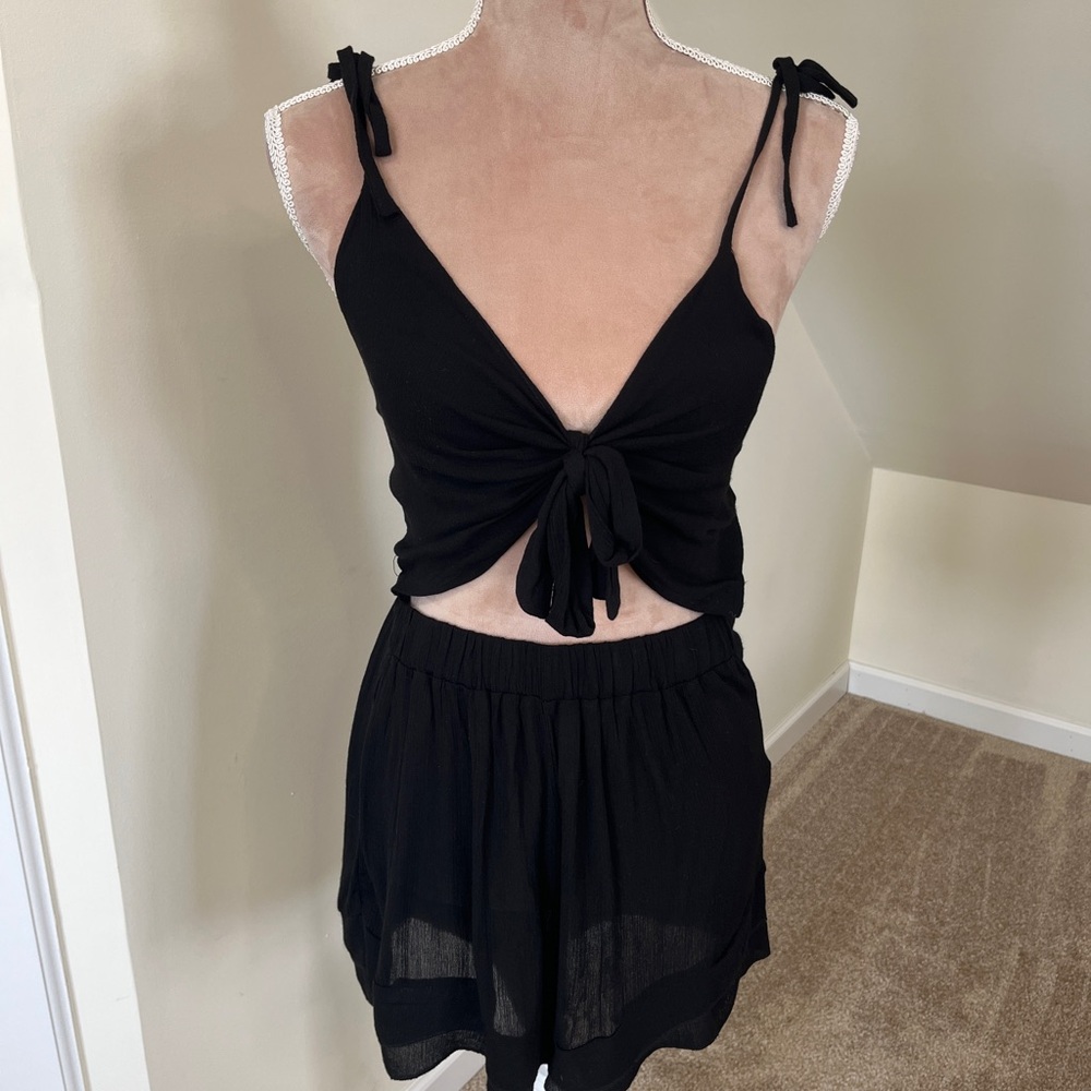 Black Linen Adjustable Boho Beach Cover-Up Summer V-Neck Romper Front Bow